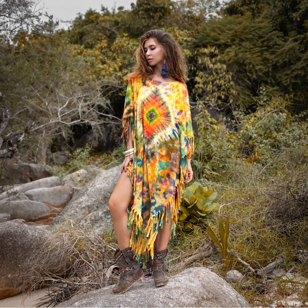 ARLO Poncho Maxi Dress Hand Tiedye Boho Tunic Top Fringe Kaftan Plus Size 1X 3X